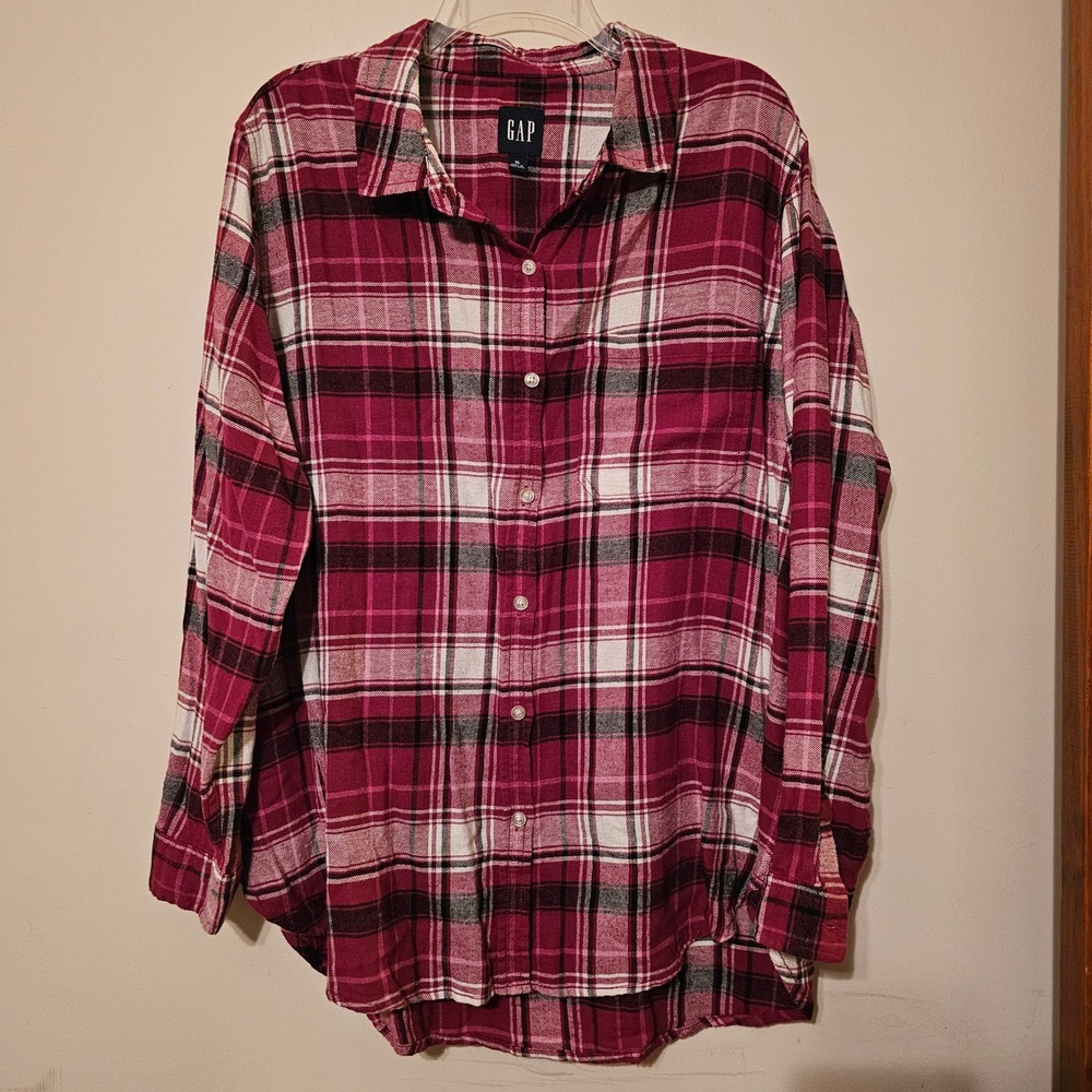 GAP Womens XL Flannel Shirt Pink boyfriend Plaid Long Sleeve Button Down Cotton